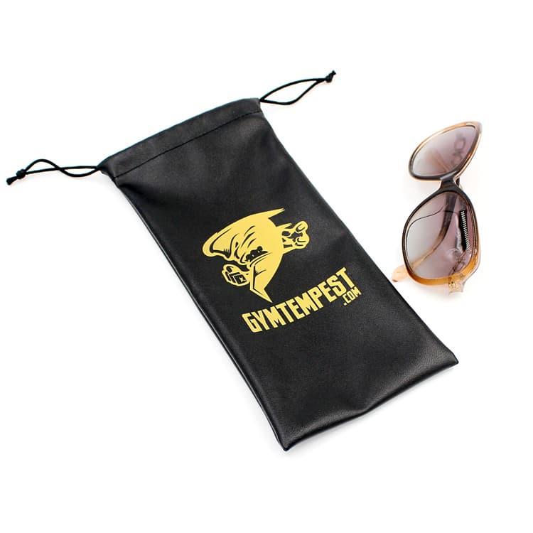 Golden Logo PU Leather Sunglasses Pouch Bag With String