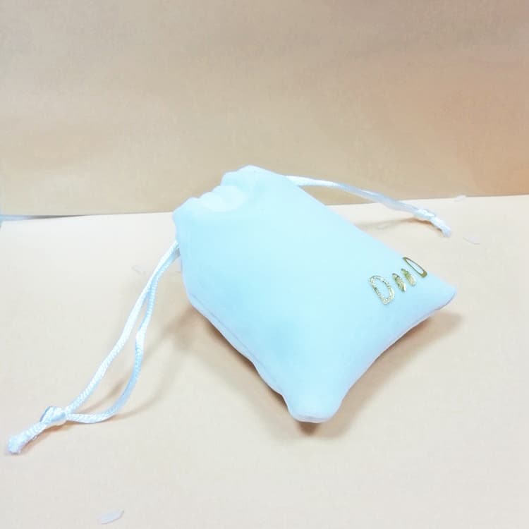 Small White Velvet Drawstring Bag WIth Golden Logo